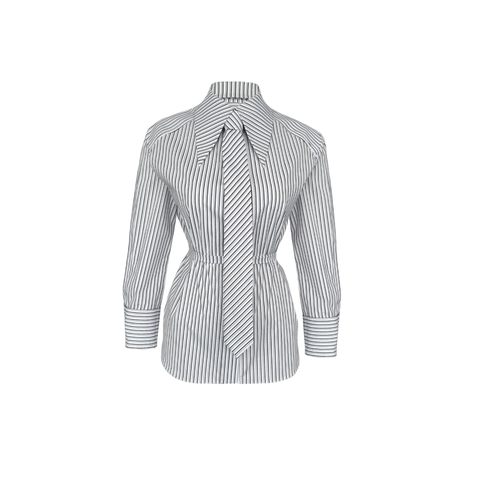 KRAVAT DETAY ÇİZGİLİ COTTON GÖMLEK