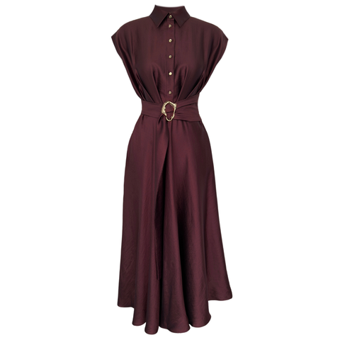 BELİ AKSESUAR DETAY GOLD DÜĞMELİ MAKSİ BOY ELBİSE BORDO