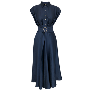 BELİ AKSESUAR DETAY GOLD DÜĞMELİ MAKSİ BOY ELBİSE LACİVERT