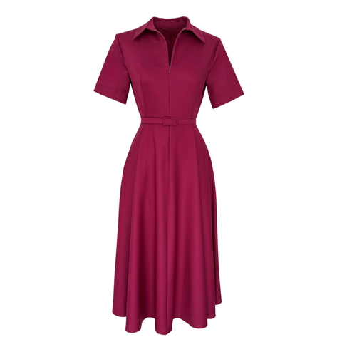 BELT DETAILED ZIPPERED COLLAR DRESS CLARET RED