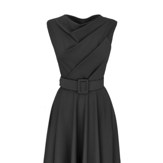 BLACK DRESS WITH DEGAJE COLLAR BELT DETAILED