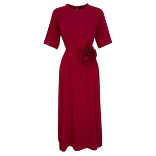 ROSE DETAILED SHORT SLEEVE OVERSIZED DRESS DARK RED