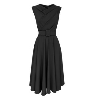 BLACK DRESS WITH DEGAJE COLLAR BELT DETAILED