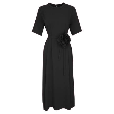 ROSE DETAILED SHORT SLEEVE OVERSIZED DRESS BLACK