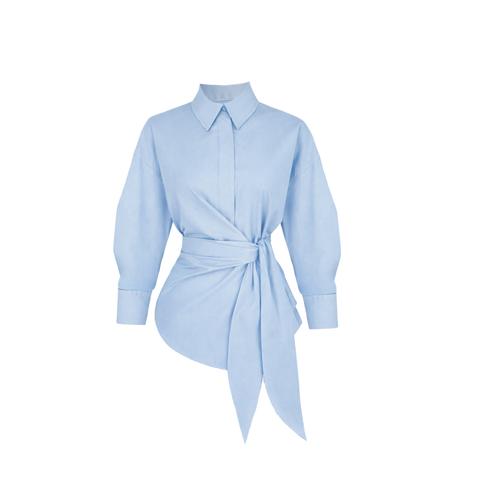 BELDEN BAĞLAMA DETAY COTTON GÖMLEK MAVİ