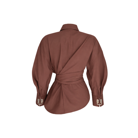 BELDEN BAĞLAMA DETAY COTTON GÖMLEK KAHVE