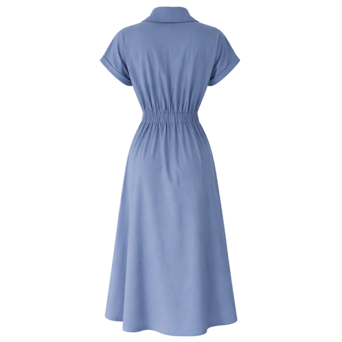 BEL DETAY DÜŞÜK KOL COTTON ELBİSE MAVİ