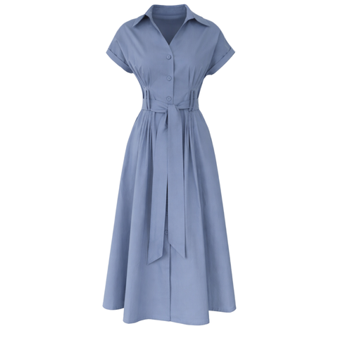 BEL DETAY DÜŞÜK KOL COTTON ELBİSE MAVİ