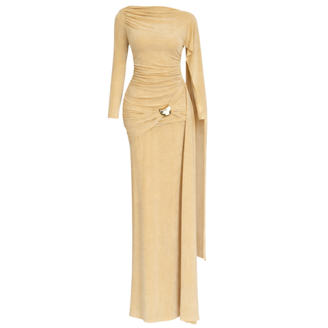 BELİ AKSESUARLI OMZU ŞAL DETAY MAKSİ BOY ELBİSE SARI