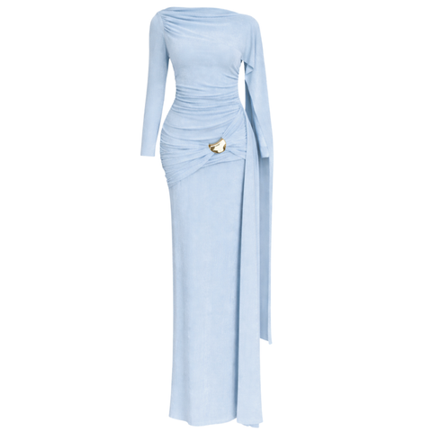 BELİ AKSESUARLI OMZU ŞAL DETAY MAKSİ BOY ELBİSE MAVİ