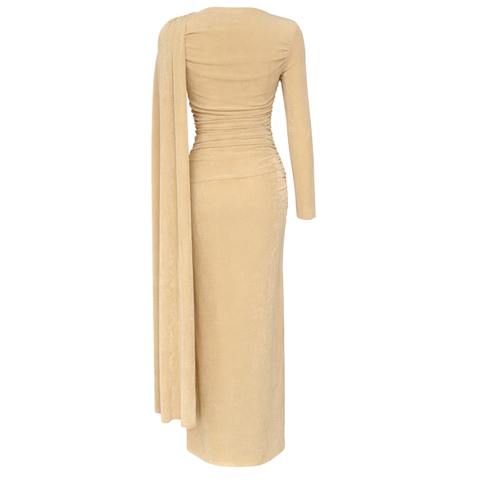 BELİ AKSESUARLI OMZU ŞAL DETAY MAKSİ BOY ELBİSE SARI