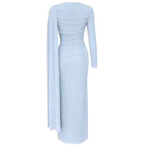 BELİ AKSESUARLI OMZU ŞAL DETAY MAKSİ BOY ELBİSE MAVİ