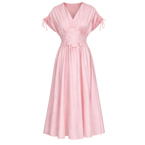 ÇİÇEK APLİKELİ DÜŞÜK OMUZ COTTON ELBİSE PEMBE