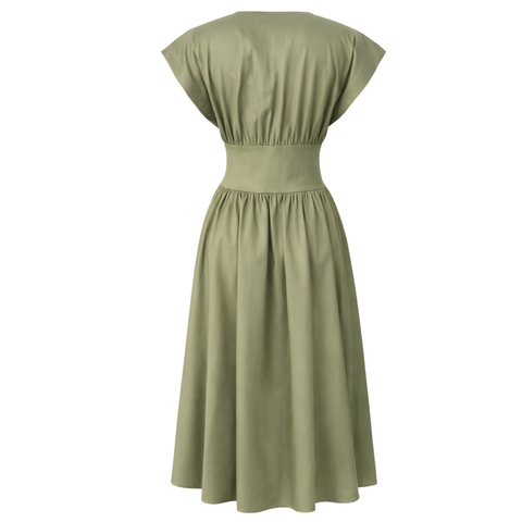 BELİ ÇİFT KEMER DETAY V YAKA ELBİSE HAKİ