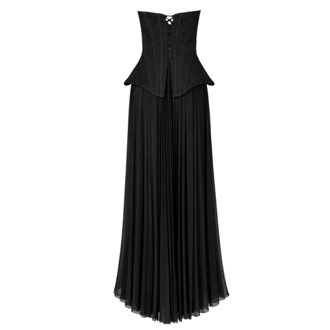 KORSAJLI PİLE DETAY UZUN ABİYE ELBİSE SİYAH