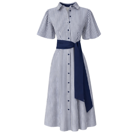 BELİ KUŞAK DETAY ÇİZGİLİ COTTON ELBİSE LACİVERT