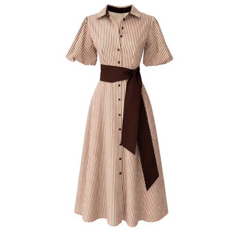 BELİ KUŞAK DETAY ÇİZGİLİ COTTON ELBİSE KAHVE