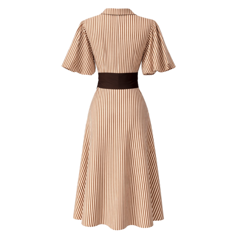 BELİ KUŞAK DETAY ÇİZGİLİ COTTON ELBİSE KAHVE