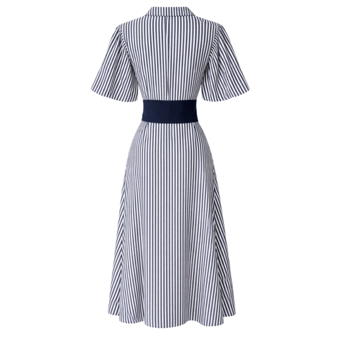 BELİ KUŞAK DETAY ÇİZGİLİ COTTON ELBİSE LACİVERT