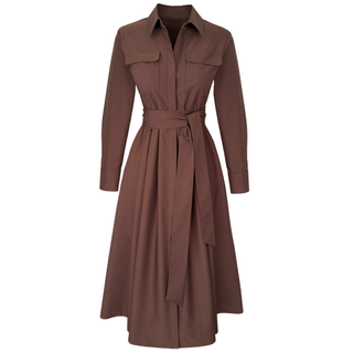 BELİ KUŞAKLI MAKSİ BOY GÖMLEK ELBİSE KAHVE