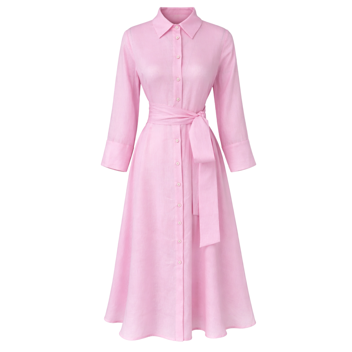 BELİ KUŞAKLI %100 KETEN GÖMLEK ELBİSE PEMBE