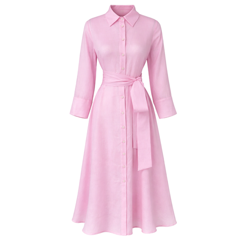 BELİ KUŞAKLI %100 KETEN GÖMLEK ELBİSE PEMBE
