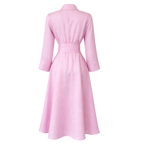 BELİ KUŞAKLI %100 KETEN GÖMLEK ELBİSE PEMBE