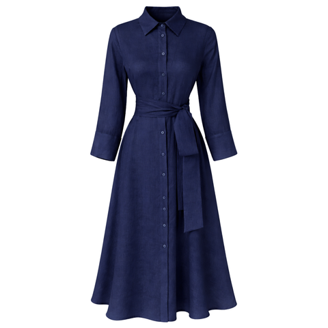 BELİ KUŞAKLI %100 KETEN GÖMLEK ELBİSE LACİVERT