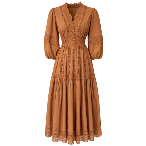 BELE OTURAN GÜPÜR DETAY ELBİSE KARAMEL