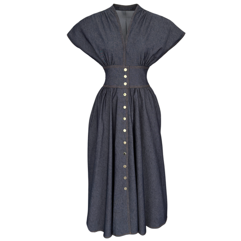 BEL VURGULU DÜŞÜK KOL DENİM ELBİSE