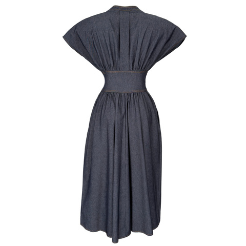 BEL VURGULU DÜŞÜK KOL DENİM ELBİSE