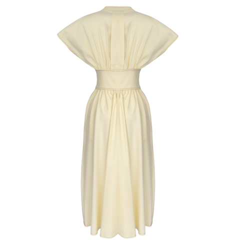 BEL VURGULU DÜŞÜK KOL ELBİSE SARI