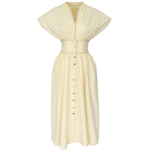 BEL VURGULU DÜŞÜK KOL ELBİSE SARI