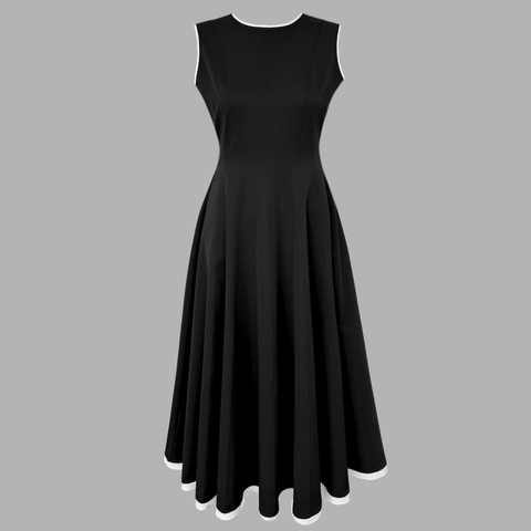 KONTRAST BİYE DETAYLI KLOŞ MODEL ELBİSE SİYAH