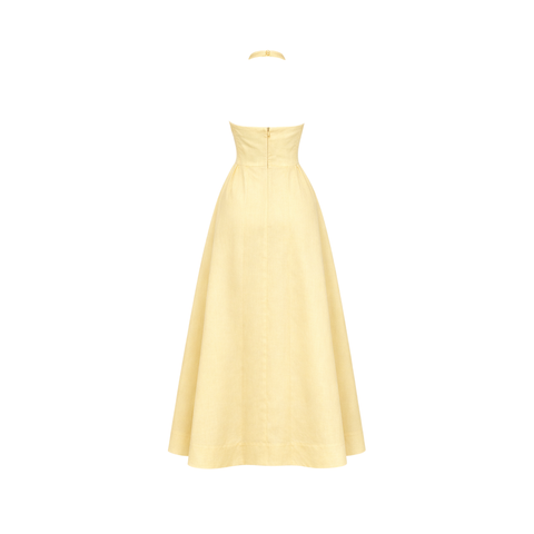 BONCUK İŞLEMELİ BEL VURGULU ELBİSE SARI