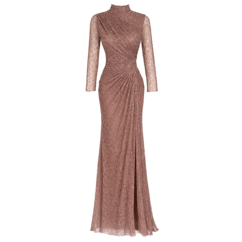 BONCUK İŞLEMELİ DRAPE DETAY UZUN ABİYE ELBİSE KAHVE