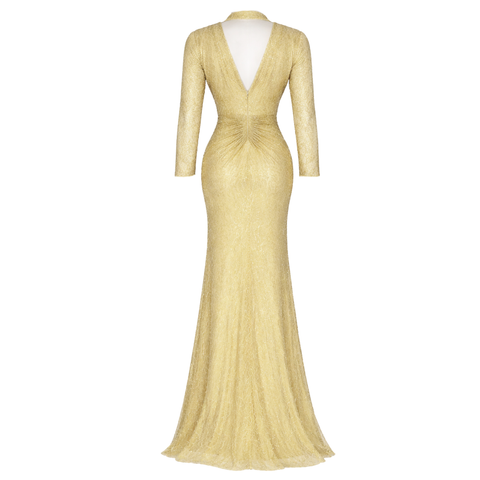 BONCUK İŞLEMELİ DRAPE DETAY UZUN ABİYE ELBİSE SARI