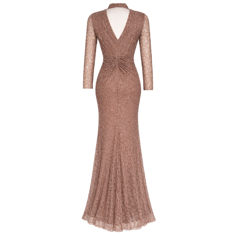 BONCUK İŞLEMELİ DRAPE DETAY UZUN ABİYE ELBİSE KAHVE