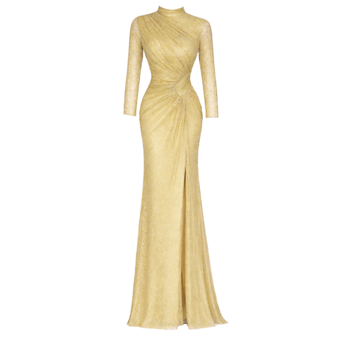 BONCUK İŞLEMELİ DRAPE DETAY UZUN ABİYE ELBİSE SARI