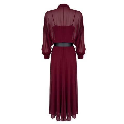 KEMER DETAYLI MAKSİ BOY ŞİFON ELBİSE BORDO