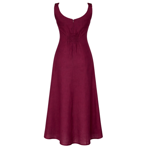 %100 KETEN RAHAT KESİM KOLSUZ ELBİSE BORDO