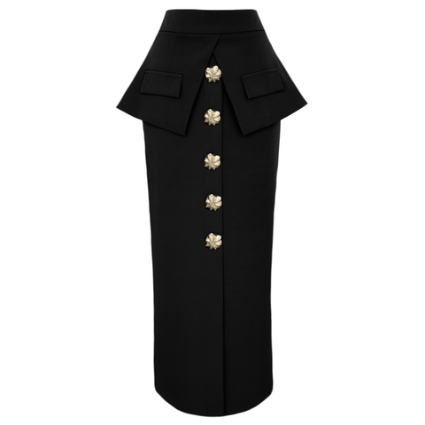 BEL DETAY GOLD DÜĞMELİ MAKSİ BOY KALEM ETEK SİYAH