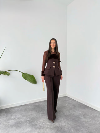 KÜRK DETAY GOLD DÜĞMELİ 3'LÜ TAKIM KAHVE