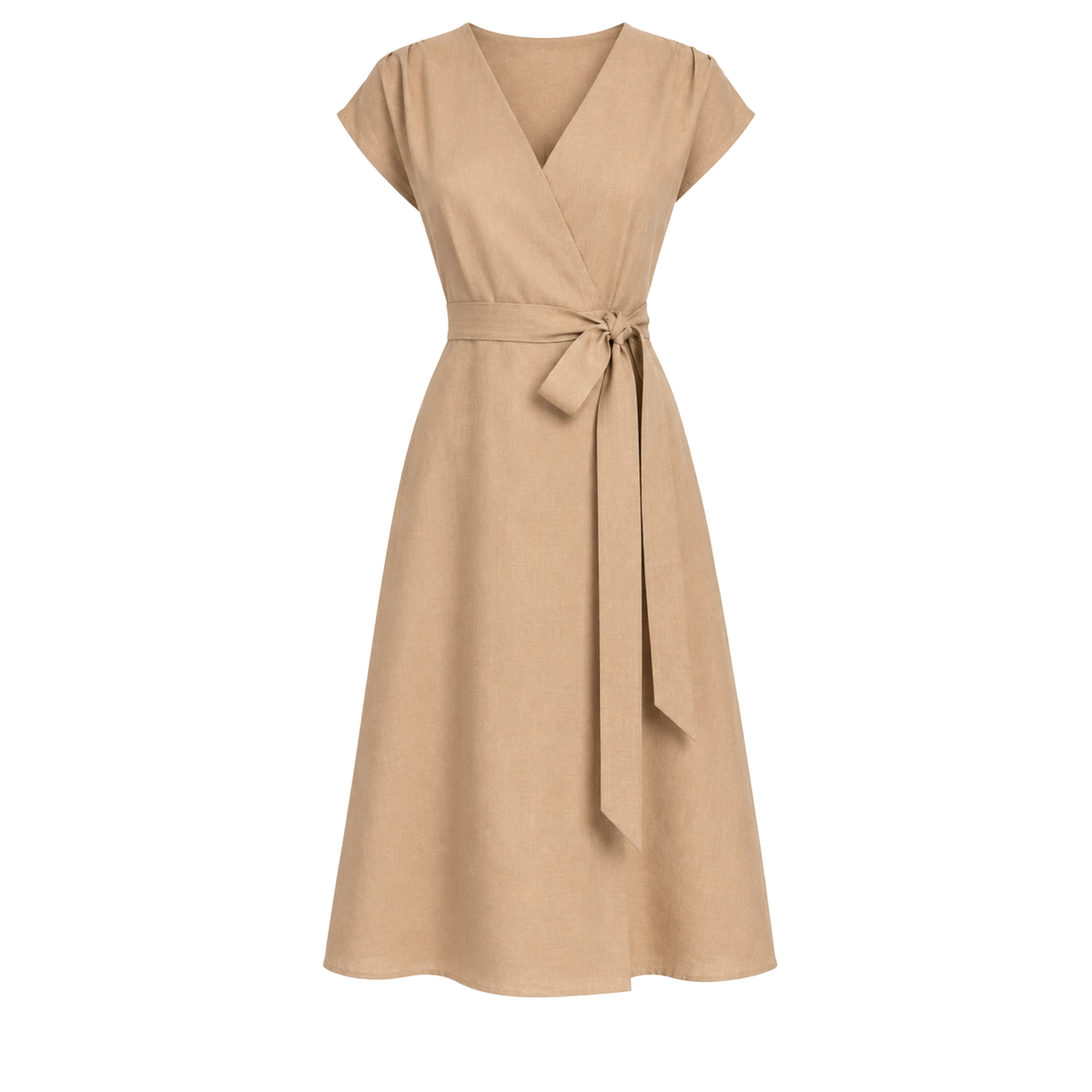 %100 KETEN KRUVAZE YAKA ELBİSE CAMEL