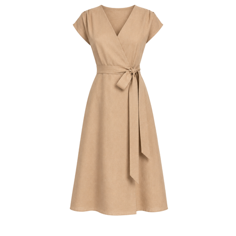 %100 KETEN KRUVAZE YAKA ELBİSE CAMEL