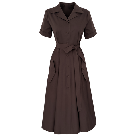 CEKET YAKA CEP DETAY COTTON ELBİSE KOYU KAHVE