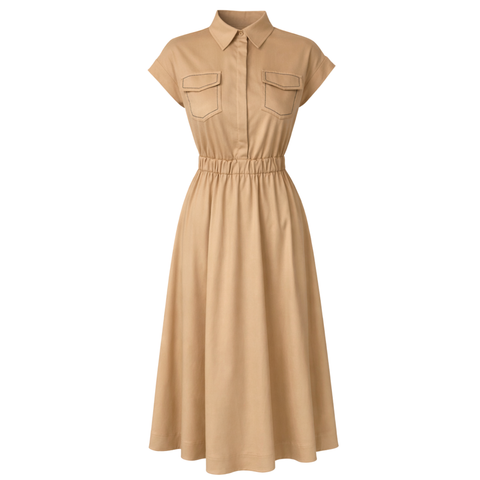 CEP DETAY DÜŞÜK KOL COTTON ELBİSE CAMEL