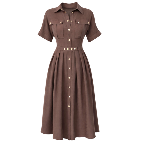 CEP DETAY KEMERLİ TENCEL ELBİSE KAHVE