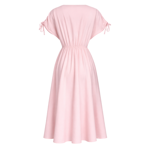 ÇİÇEK APLİKELİ DÜŞÜK OMUZ COTTON ELBİSE PEMBE