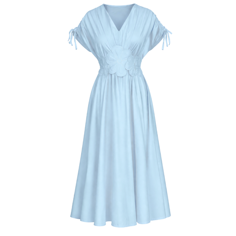 ÇİÇEK APLİKELİ DÜŞÜK OMUZ COTTON ELBİSE MAVİ